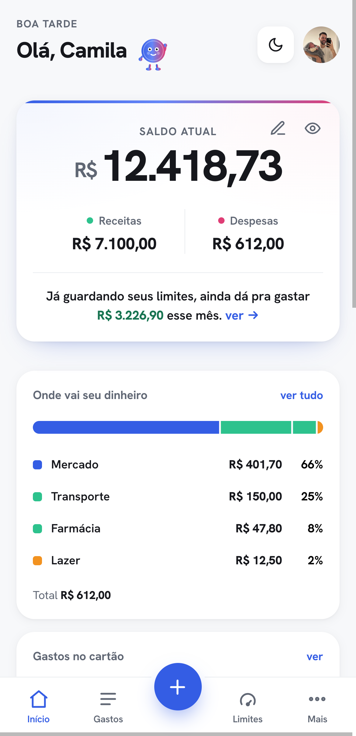 Painel do Poupei: saldo, receitas, despesas e projecao do mes